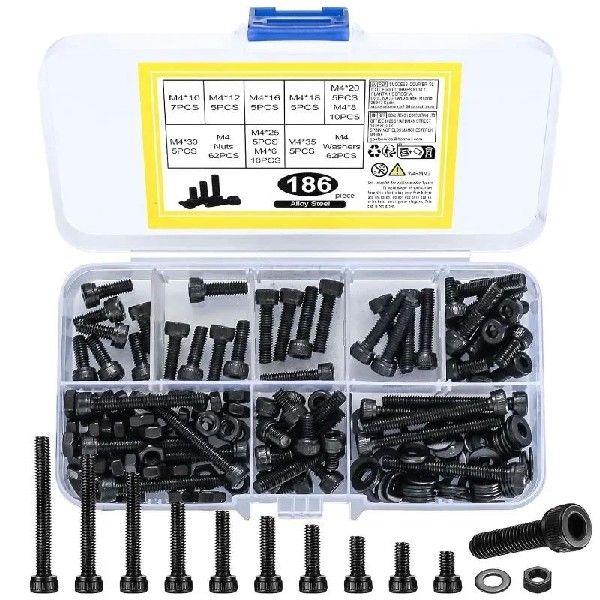 186pcs Black Carbon Steel Hexagon Socket Bolt Nut Flat