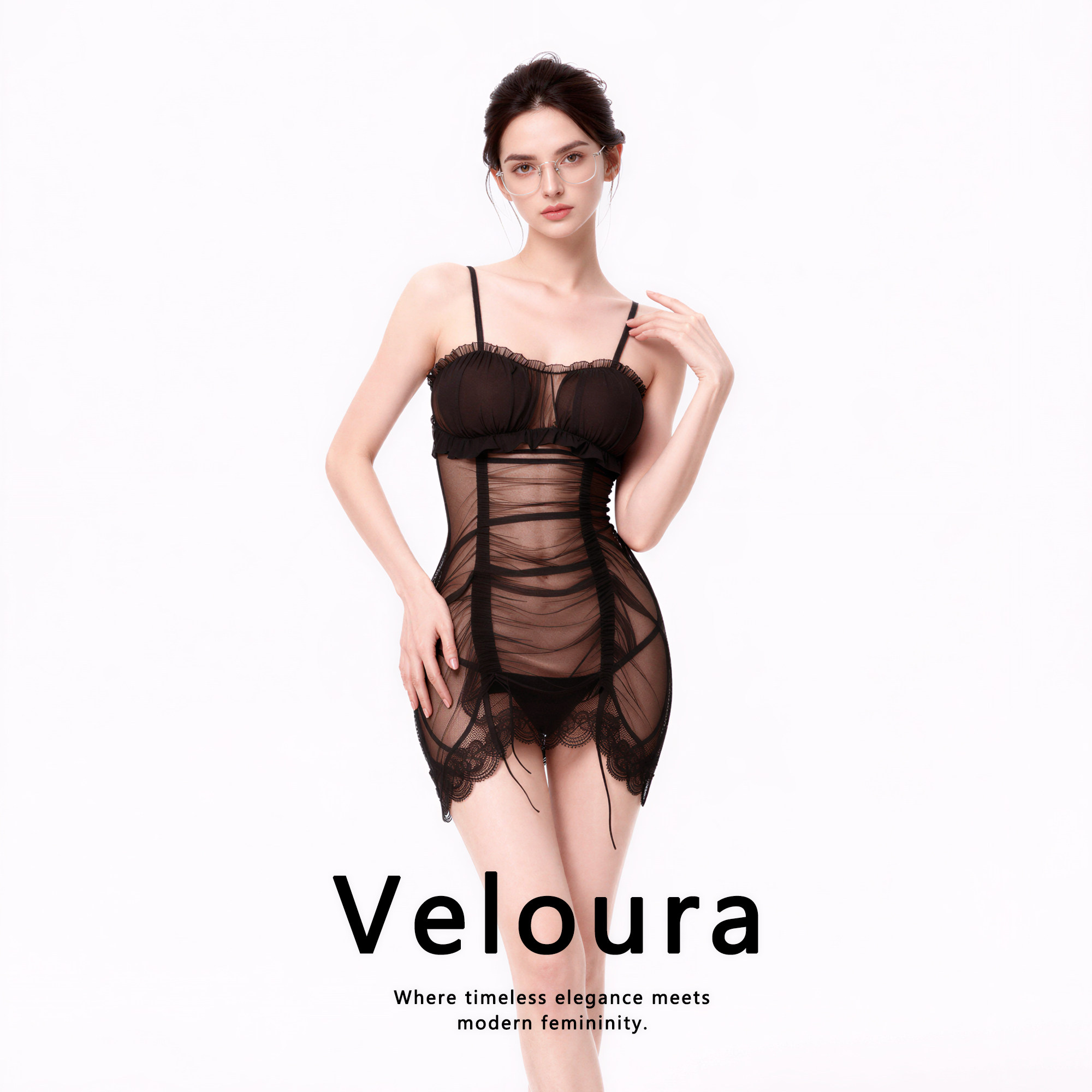 法国 Veloura 玄绡雾柔*网纱抽绳甜欲吊带女睡裙性感睡衣禁欲系
