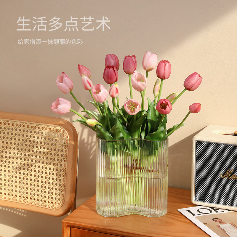 速发玻璃花瓶郁金香花摆件客厅创餐假束花花 意桌摆设风装饰