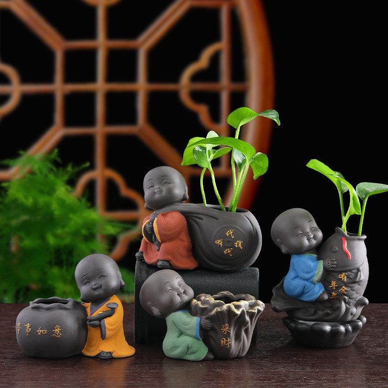 速发可爱紫砂小和尚花器茶宠公件水水花插茶台茶具办摆桌面养