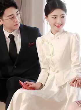 速发白色订婚服旗袍白式领证登记小中裙平时可宴敬酒服穿会连衣裙