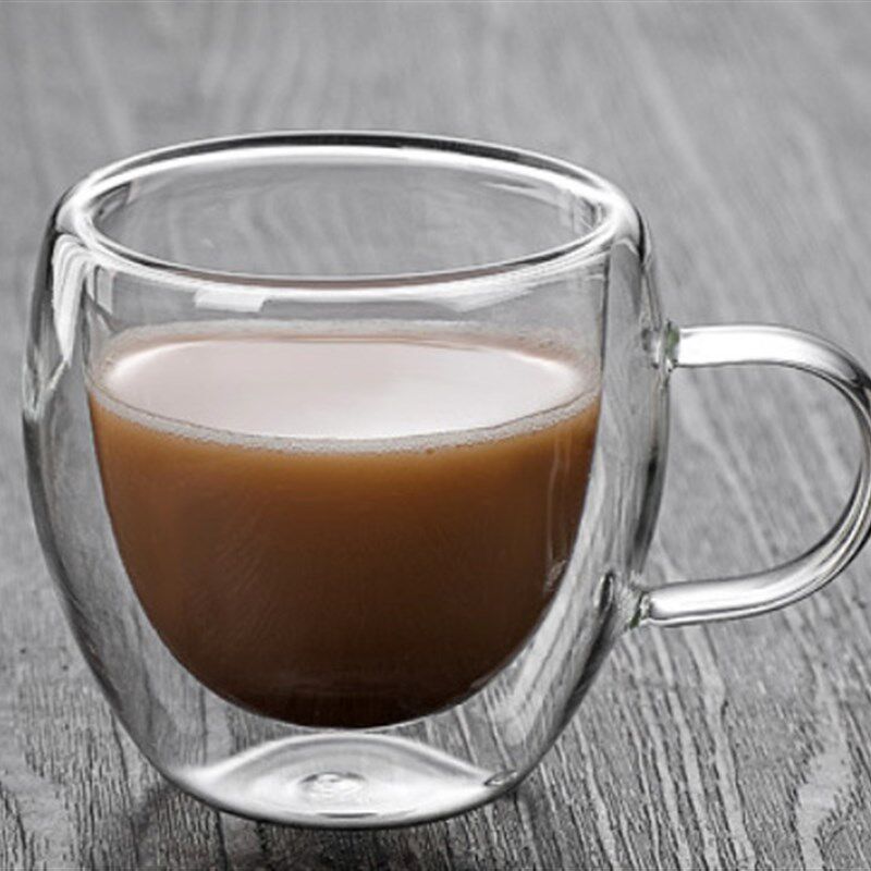 速发现货双层高硼硅杯把手咖啡带碟杯杯带办公杯品茗杯80套装