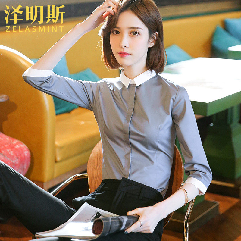 速发灰色七分袖0业夏工作服2职21新款众版小韩设计小领白衬衣