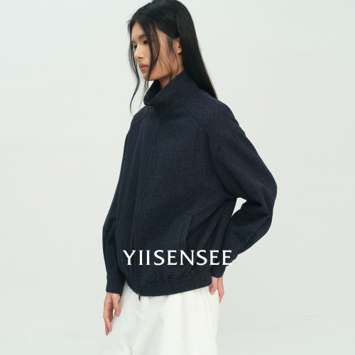 YIISENSEE逸识  50%羊毛休闲藏蓝细格纹短款立领拉链外套女春秋