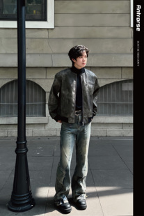 ANTRORSE 水洗做旧脏染复古皮衣夹克小众设计感短款cleanfit