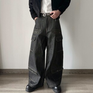 ANTRORSE 14.4oz黑色丹宁赤耳窄幅红边工装原牛直筒阔腿A字牛仔裤