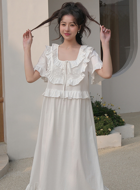 宫廷公主风白色睡裙女夏季短袖法式甜美花边减龄公主风纯棉睡衣