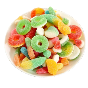 多彩橡皮软糖水果味酸砂涂油彩色零食符号软糖果酸沙糖4D糖果零食