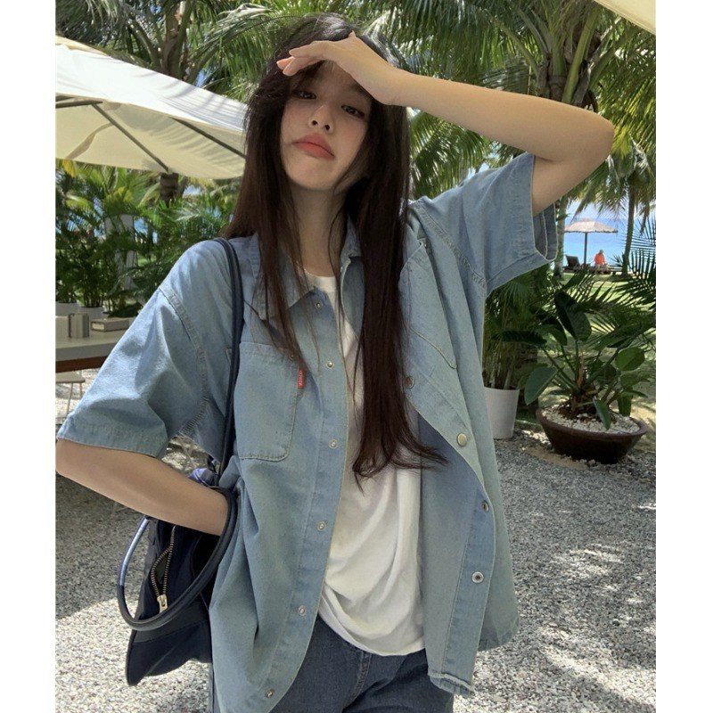 速发大码夏季百搭胖妹妹纯色计开设衫感复古休闲宽松牛仔