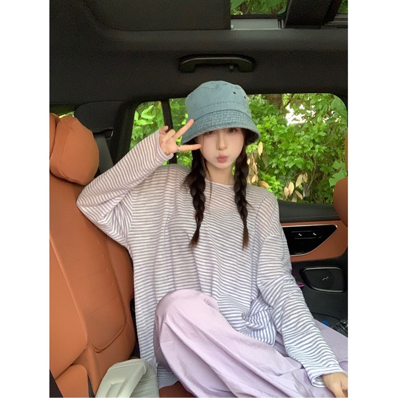 速发小心机露背绑带蓝色条纹长袖t恤夏薄款宽松上衣慵懒风防晒罩