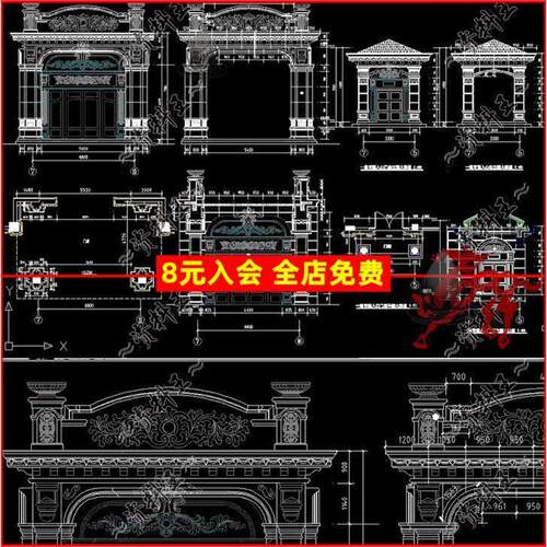 欧式法式干挂大理石石材别墅建筑门头大门CAD施工图立面图大样图