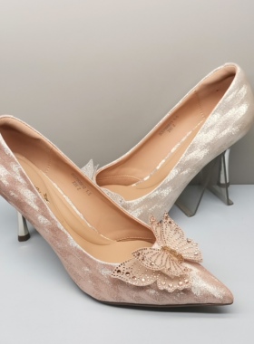 红蜻蜓春秋款女鞋BC67005011优雅蝴蝶结钻扣高跟单鞋女时尚伴娘鞋