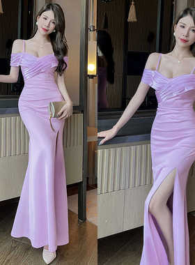 车模一字肩晚装气质女K歌沐足会所高档工衣修身开叉包臀礼服长裙