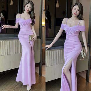 车模一字肩晚装气质女K歌沐足会所高档工衣修身开叉包臀礼服长裙