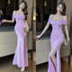 车模一字肩晚装 开叉包臀礼服长裙 气质女K歌沐足会所高档工衣修身