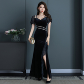 丝绒晚礼服女2024新款 高级感气质名媛宴会主持人鱼尾裙轻奢小众