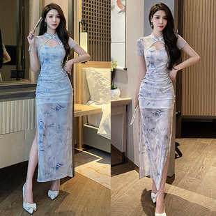 高级感改良中国风新中式旗袍足浴SPA柔式技师工作服性感修身长裙