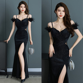 开叉高腰显瘦女2025新款 吊带鱼尾轻奢名媛丝绒长裙一字肩晚礼服