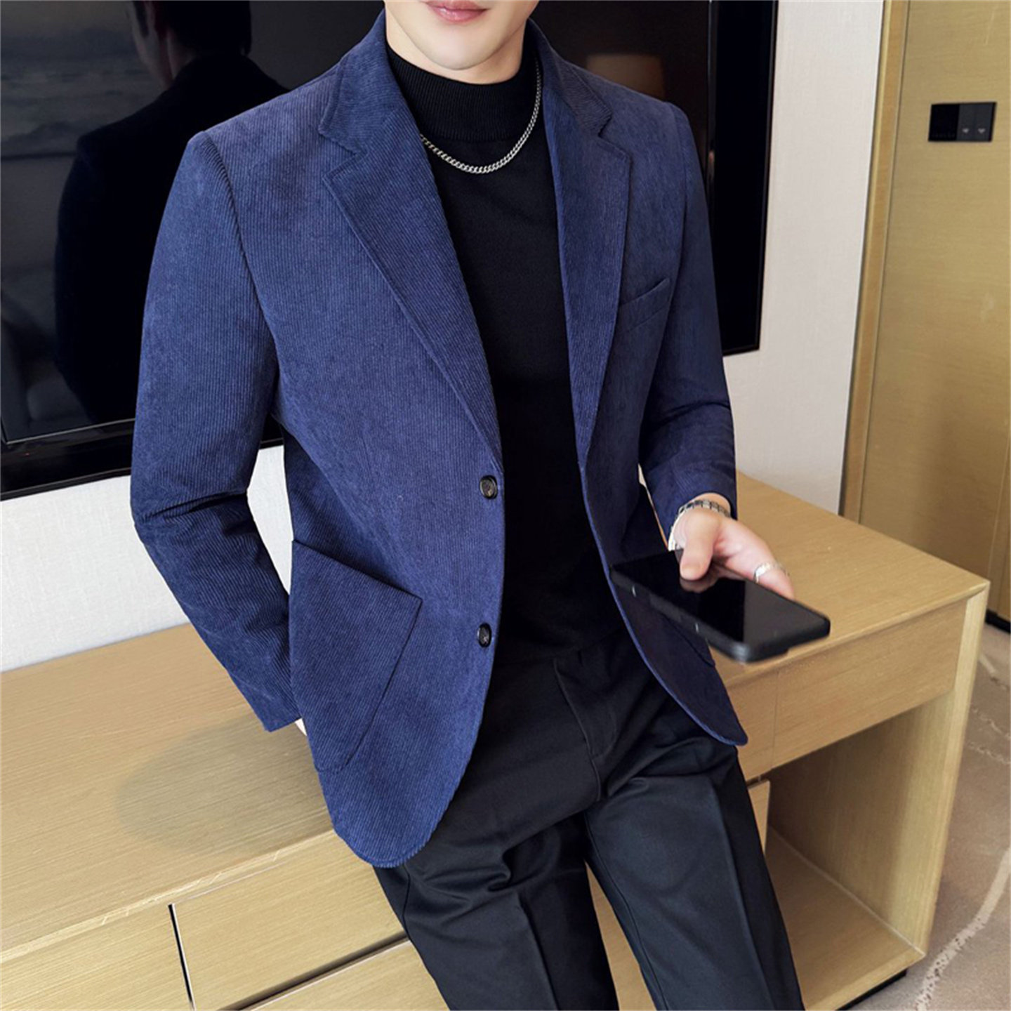 秋季男士灯芯绒西服外套男韩版修身商务休闲条纹高级感西装上衣潮