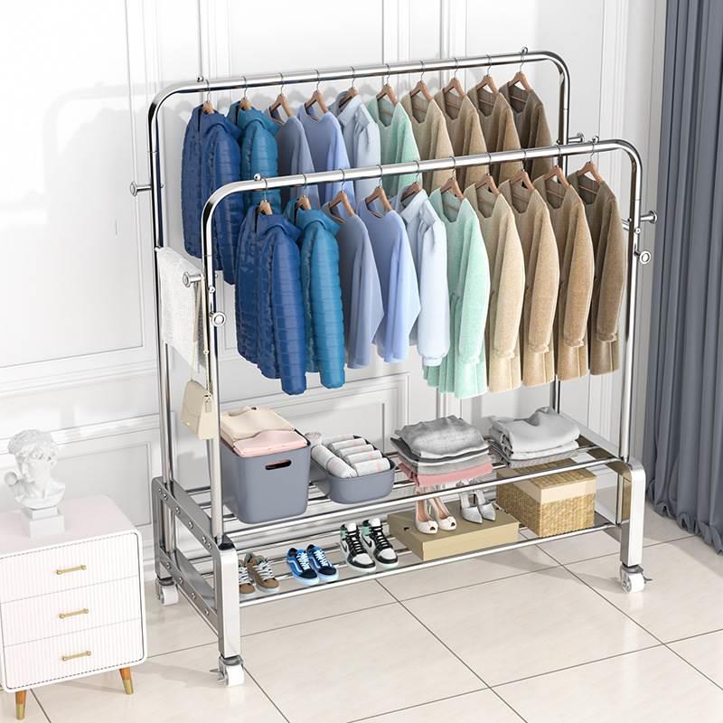 晾衣架落地折叠室内阳台卧室宿舍家用不锈钢晾晒双杆简易挂衣架子