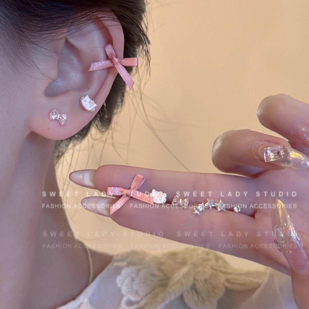 时尚芭蕾可爱粉色甜美猫咪丝带蝴蝶结耳钉套装女洋气kitty耳骨钉