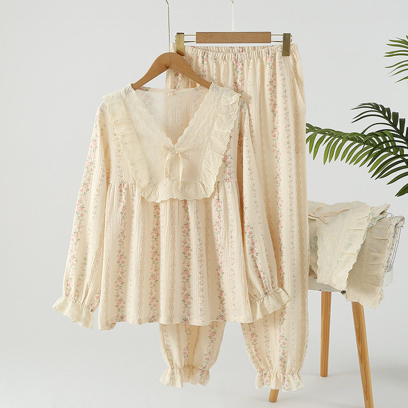 睡衣女秋季纯棉套头圆领蕾丝花边长袖长裤家居服宽松大码甜美