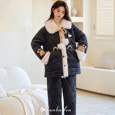 睡衣女冬季保暖海岛绒加绒加厚三层夹棉可外穿2025冬天新款家居服