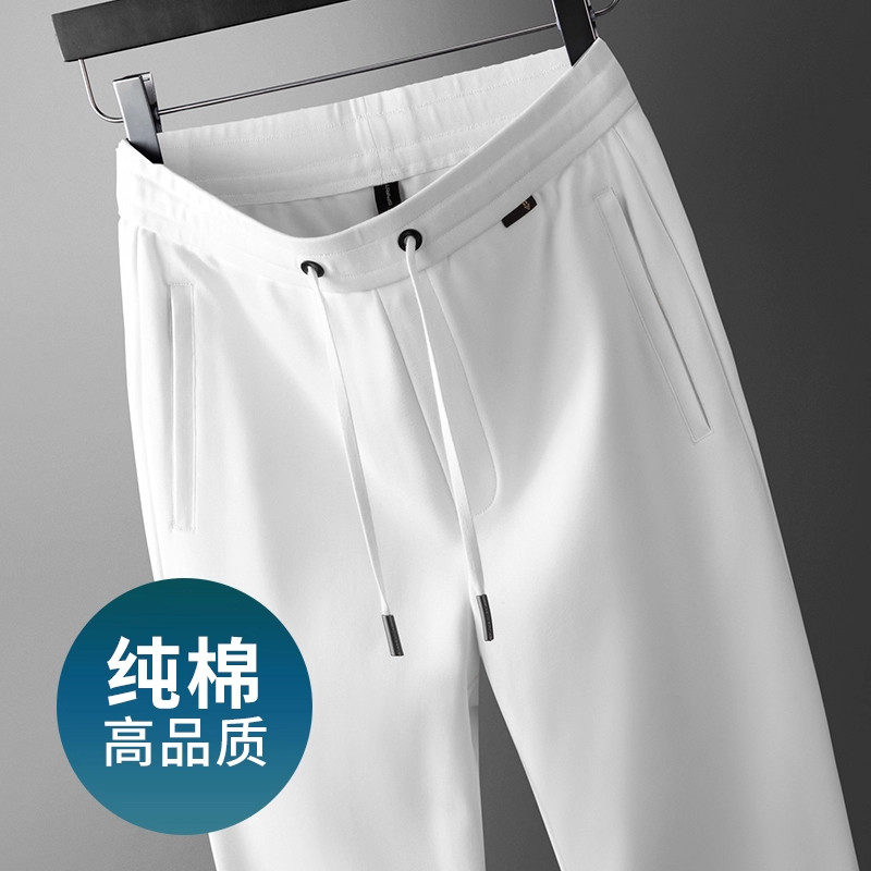 香港高端纯棉运动裤男秋冬款白色裤子宽松直筒加绒2025新款休闲裤