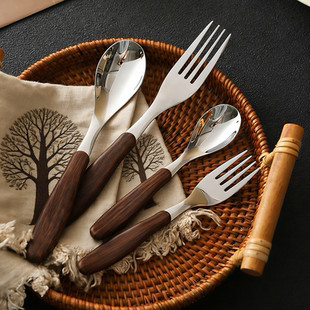 木柄勺子家用304不锈钢勺子个人专用汤匙叉子吃饭勺子食品级餐勺