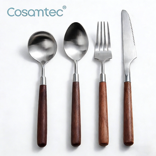 黑胡桃木柄304不锈钢刀叉牛排刀叉勺三件套高级轻奢西餐餐具套装