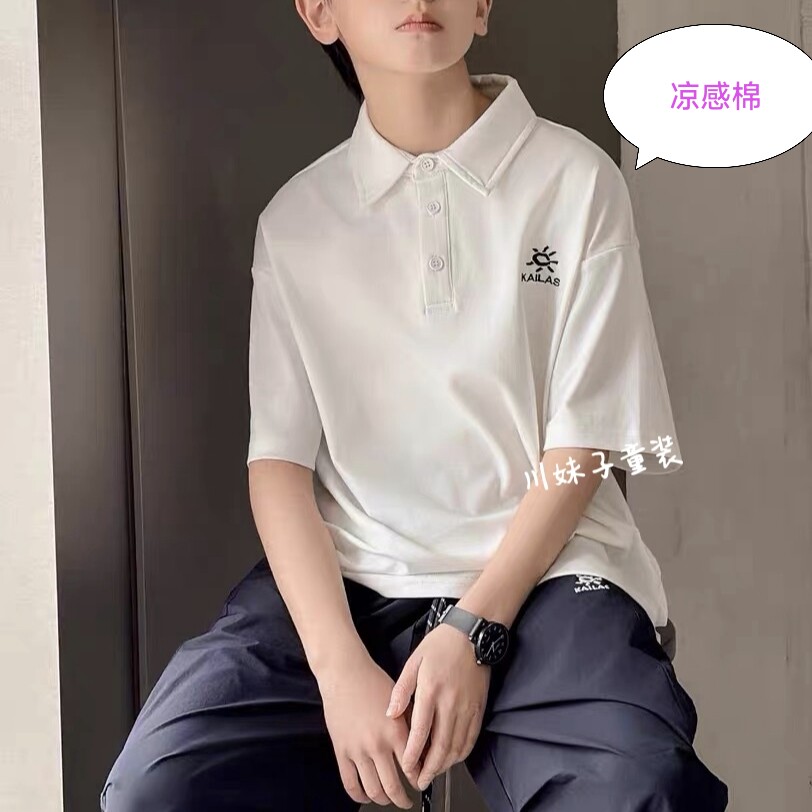 亲子凉感冰丝棉polo衫T恤刺绣太阳凉感翻领中大童黑白色宽松半袖