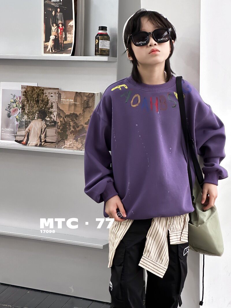MTC木糖橙男童卫衣紫色甩漆青少年韩版宽松圆领长袖双面针织