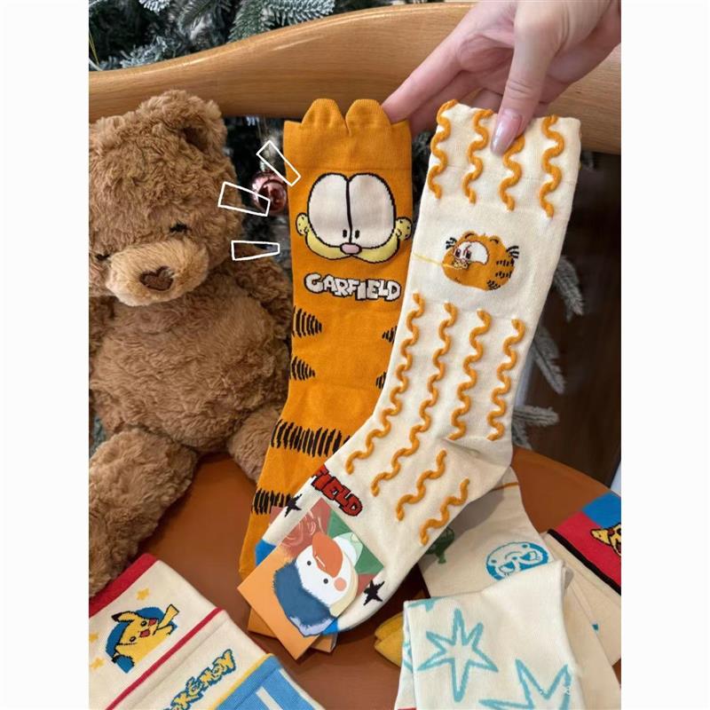新款加菲猫袜子可爱卡通情侣款袜子保暖秋冬中筒袜创意堆堆袜女