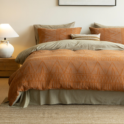 全棉提花色织橙色被套床单笠