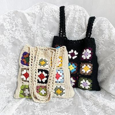 Women Boho Woven Tote Summer Beach Handbag Floral Handmade W