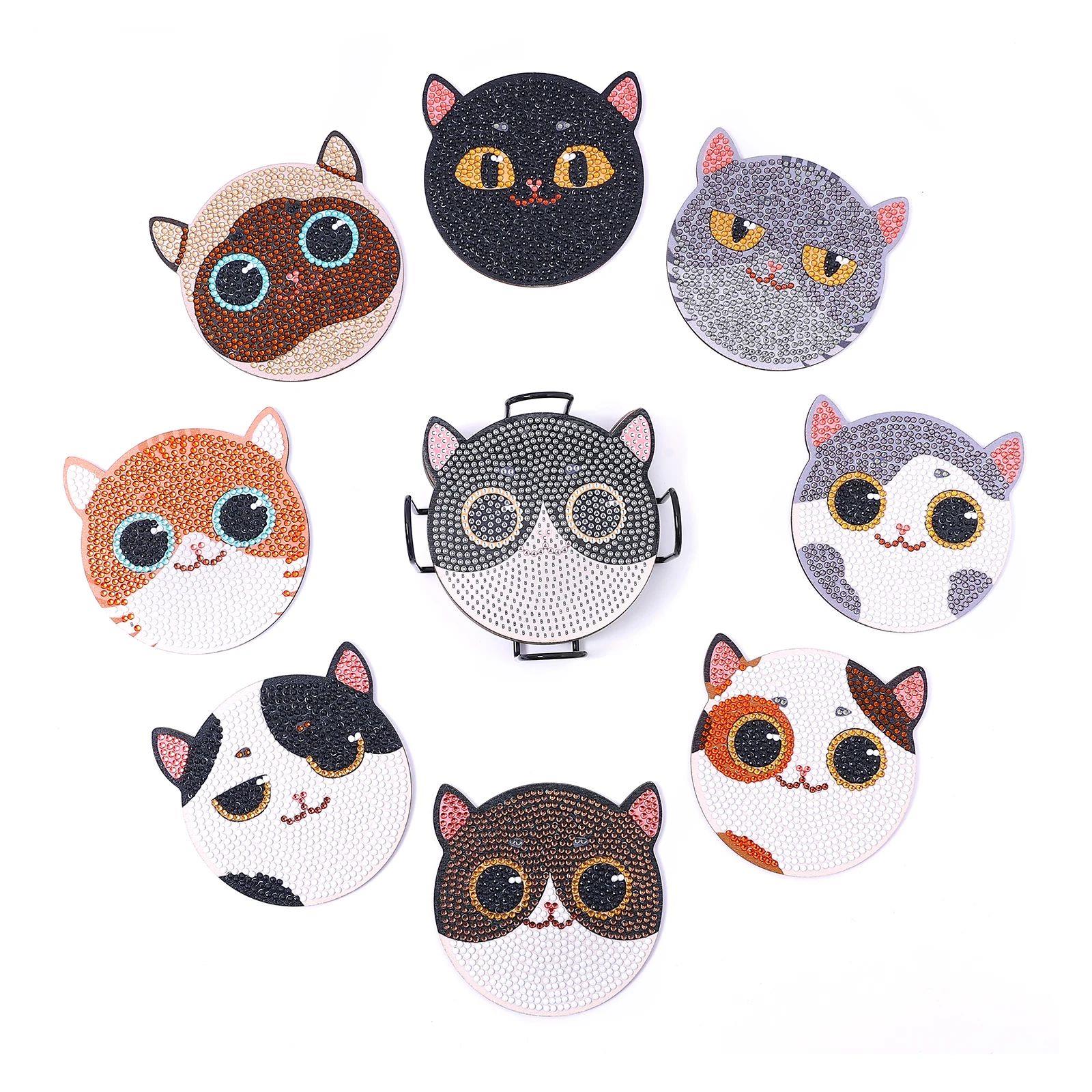 8pcs/Set DIY Diamond Painting Coasters Cat Wood Tablemat for