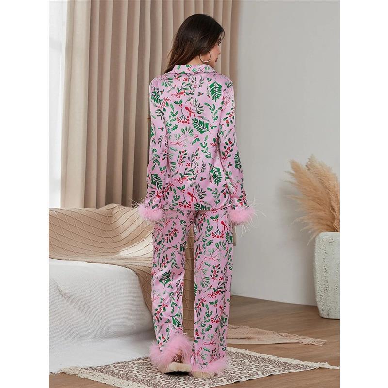 Mommy and Me Christmas Pajama Sets Feather Trim 2 Piece Slee