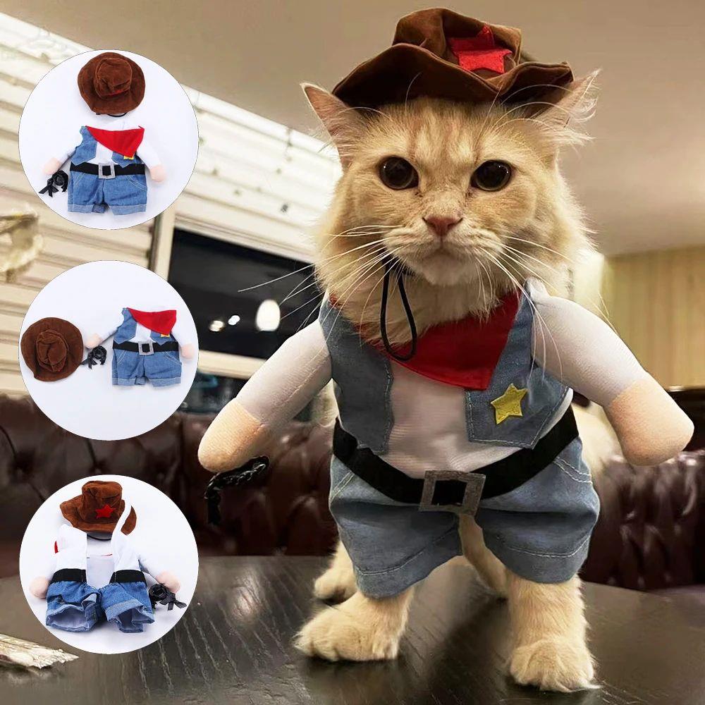 Cat Costume Clothes Funny Halloween Cosplay Cowboy Pet Outfi