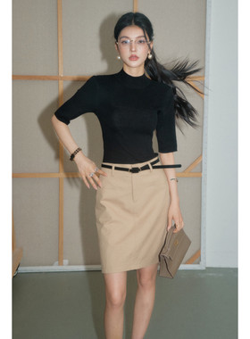 OLIVIA DUO半高领中袖针织衫2026秋季黑色美利奴羊毛修身打底衫