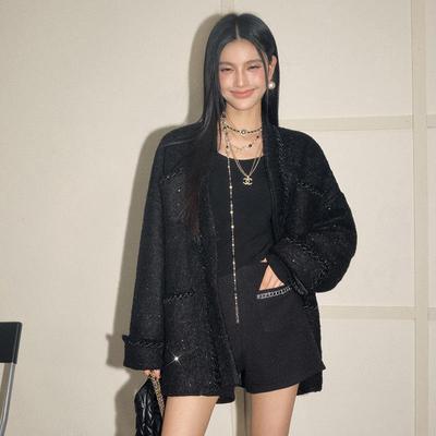 【现货】OLIVIA DUO织带拼接羽绒小香外套黑色时尚高级感百搭上衣