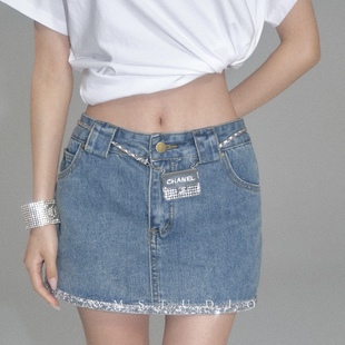 小个子复古浅色时尚 OLIVIA DUO碎钻牛仔半身裙女2025新款
