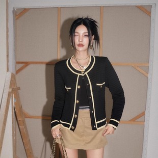 现货 法式 OLIVIA 新款 高级感撞色单排扣上衣 DUO圆领条纹感开衫