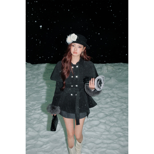 小香风收腰斗篷毛呢外套 新款 OLIVIA DUO毛领呢子羽绒大衣2025冬季