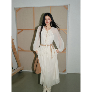 OLIVIA DUO荷叶边连衣裙温柔气质日常米色长袖长款连衣裙