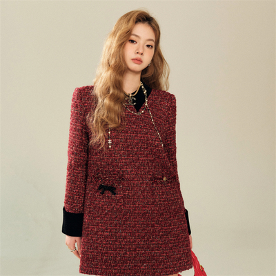 【清仓特惠】OLIVIA DUO红色法式小香风连衣裙小个子红茶风穿搭