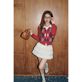 DUO学院菱格红毛衣拼接衬衫 领春季 修身 OLIVIA 短款 假两件针织上衣