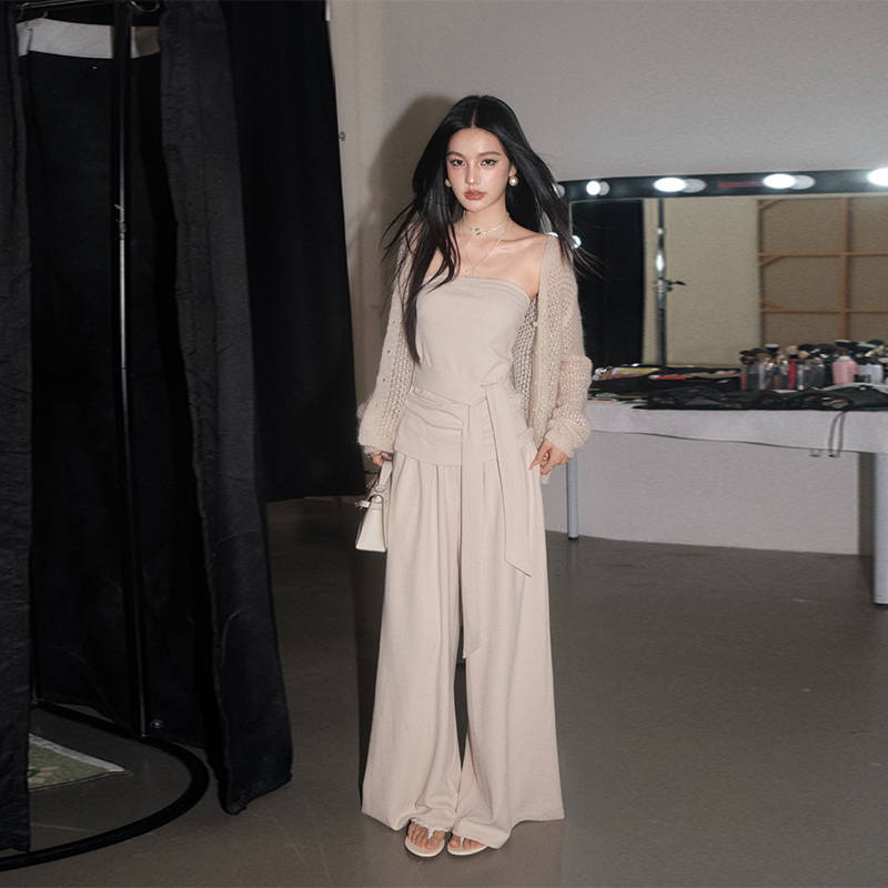 【现货】OLIVIA DUO慵懒风不规则绑带抹胸阔腿裤毛衣开衫三件套