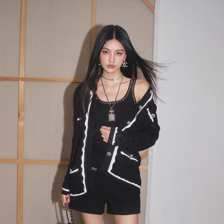 【现货】OLIVIA DUO松弛感小香针织开衫法式镂空翻领长袖毛衣外套