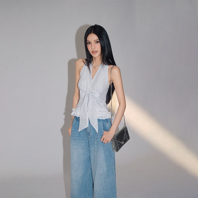 OLIVIA DUO蝴蝶结条纹v领挂脖吊带背心蕾丝下摆辣妹上衣