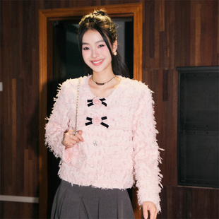 短款 DUO樱花粉羽毛外套秋季 OLIVIA 气质上衣设计感小众女 现货